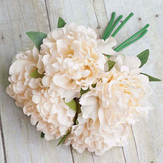 5 Flower Head Bouquet | Blush/Cream Artificial Silk Peonies Spray Bush#whtbkgd