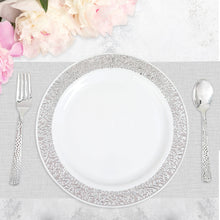 10 Pack - 10" Elegant Royal White Plastic Disposable Dinner Plates Round with Silver Lace Design Rim