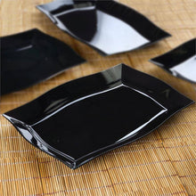 Black Plastic Disposable Rectangular Serving Trays Plates - With Glossy Finish & Wave Trimmed Rim